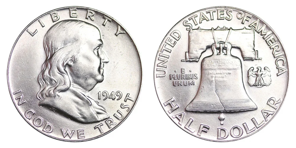 1949 Franklin Half Dollar obverse and reverse showing Benjamin Franklin and Liberty Bell