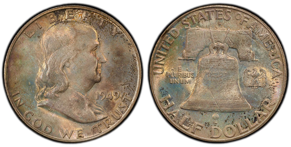 1949 Franklin half dollar reverse comparison showing weak bell lines versus Full Bell Lines (FBL) designation