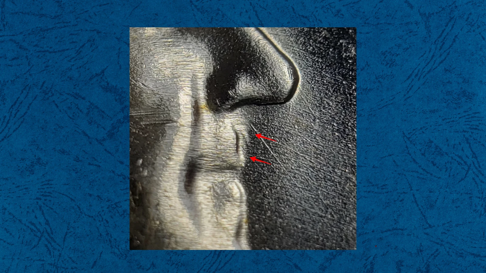 1949 Franklin half dollar Bugs Bunny FS-401 die clash showing spike at Franklin's mouth