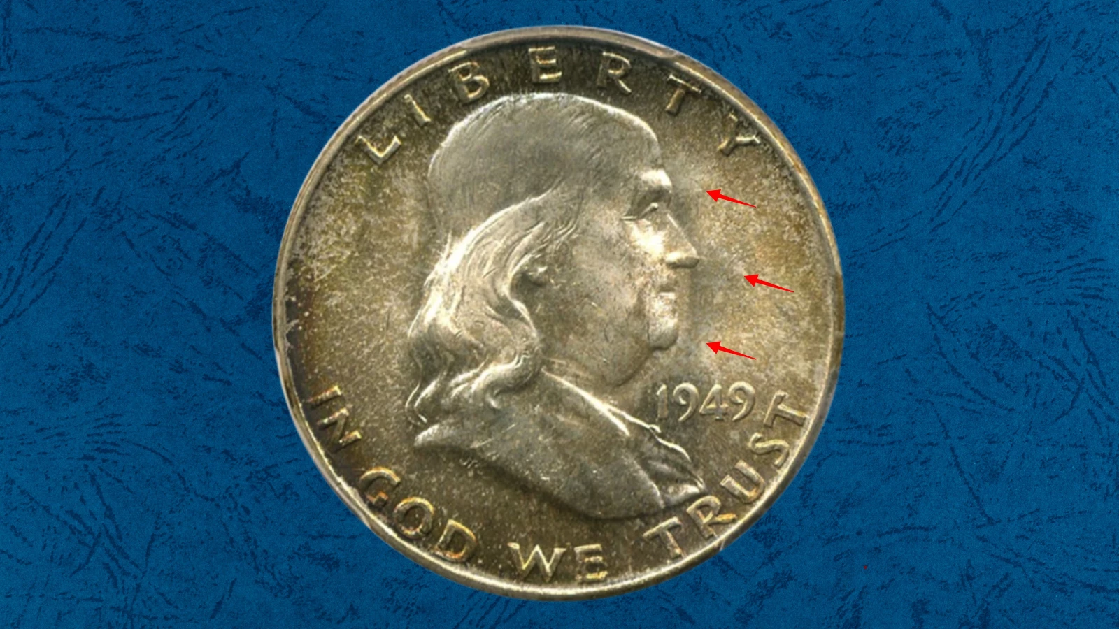 1949 Franklin half dollar Obverse Die Clash FS-402 showing clash marks on the obverse face
