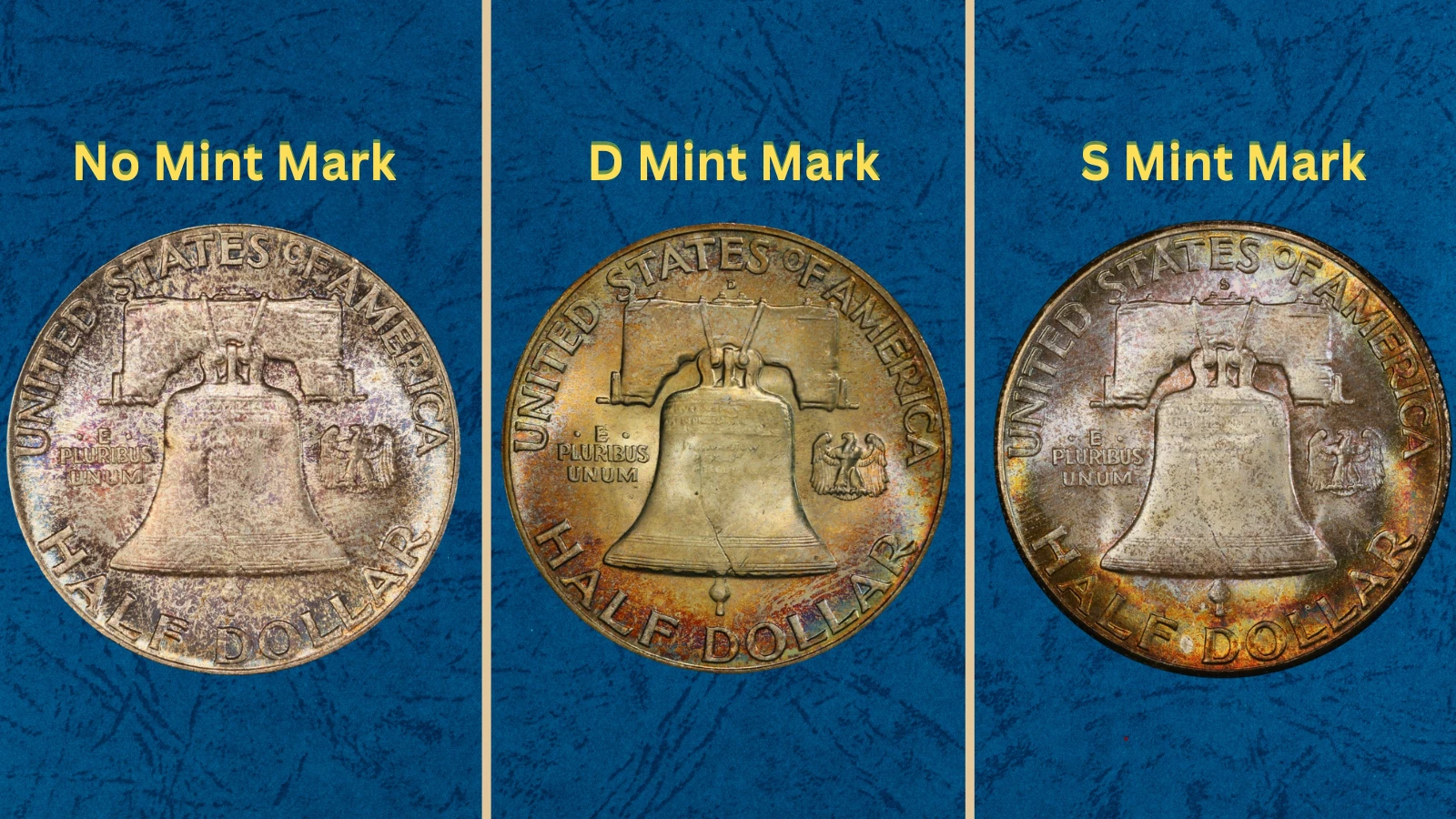 Three 1949 Franklin half dollar varieties — Philadelphia, Denver, and San Francisco — displayed side by side showing mint marks