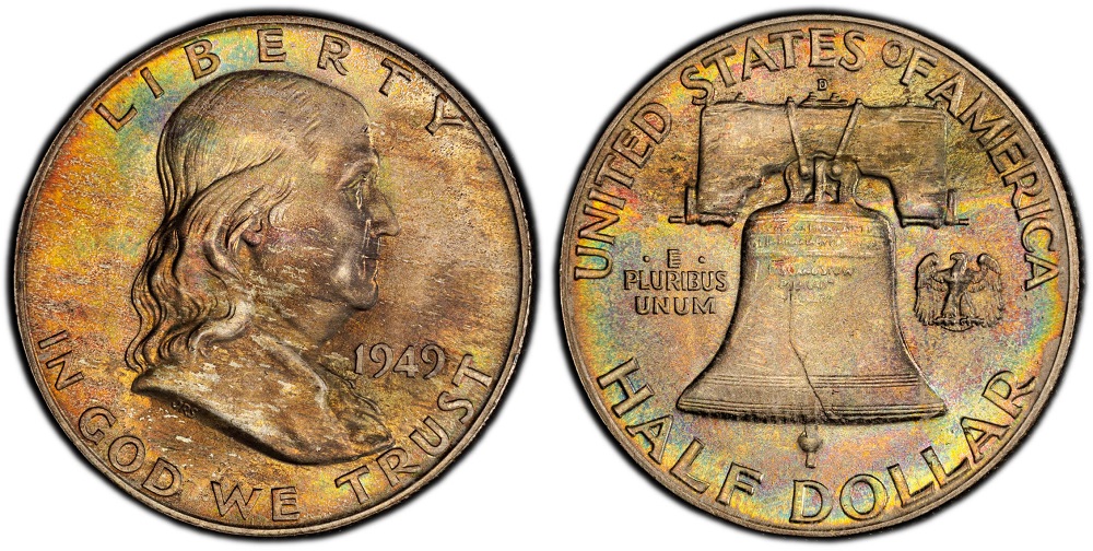 1949 Franklin half dollar grading strip showing four condition tiers from worn to gem uncirculated